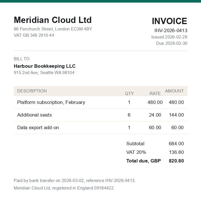 Supplier invoice from Meridian Cloud Ltd