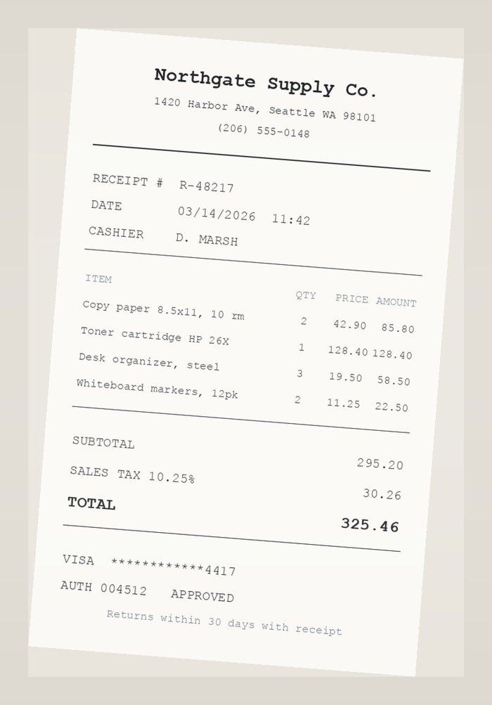 Phone photo of the same receipt, tilted and unevenly lit