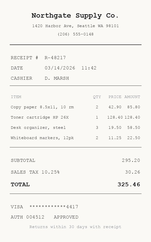 Paper receipt from Northgate Supply Co. for 325.46 dollars